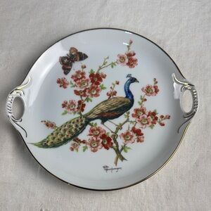 Rita Rauchwerger Hand Painted Elegant White Porcelain Plate with Peacock